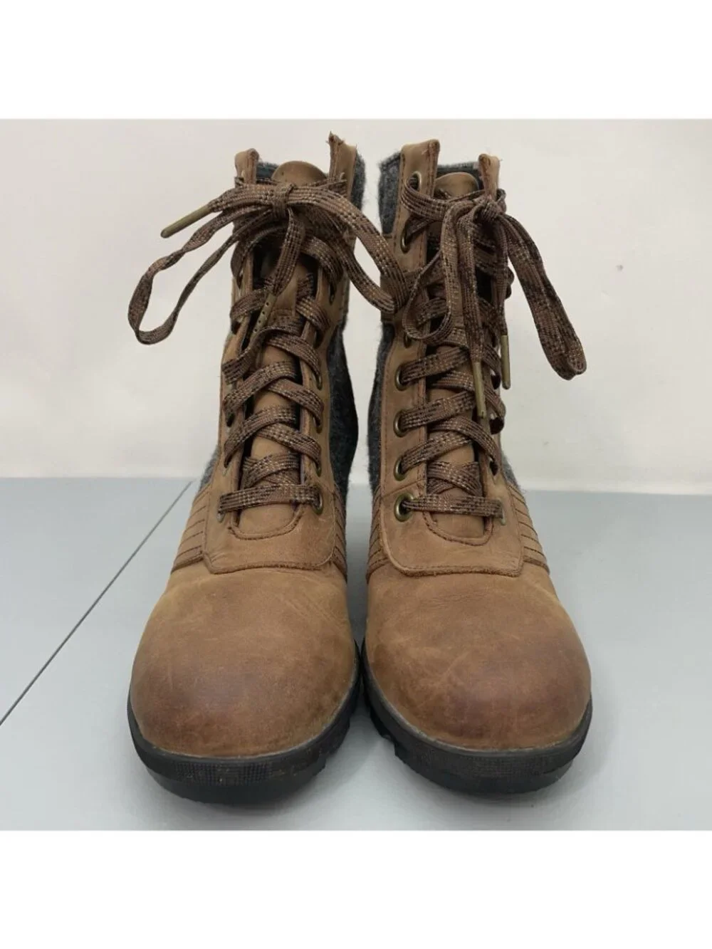 Sorel Lexie Ankle Wedge Boots Waterproof Distressed Felt Leather Brown Women 8.5